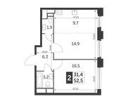 Планировка 2-комнатной квартиры, 52,5 м2