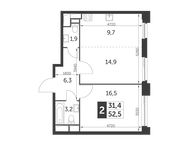 Планировка 2-комнатной квартиры, 52,5 м2