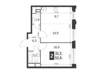 Планировка 2-комнатной квартиры, 52,6 м2