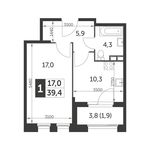 Планировка 1-комнатной квартиры, 39,4 м2