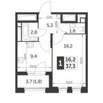 Планировка 1-комнатной квартиры, 37,3 м2