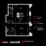 Планировка 2-комнатной квартиры, 46,4 м2