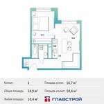 Планировка 1-комнатной квартиры, 34,9 м2
