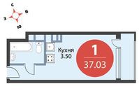 Планировка 1-комнатной квартиры, 37,03 м2
