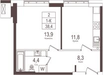 Планировка 1-комнатной квартиры, 38,4 м2