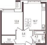 Планировка 1-комнатной квартиры, 42,6 м2