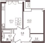 Планировка 1-комнатной квартиры, 43,5 м2