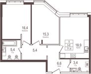 Планировка 2-комнатной квартиры, 71,4 м2