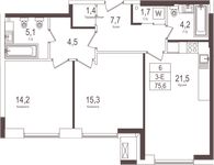 Планировка 2-комнатной квартиры, 75,6 м2