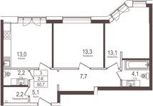Планировка 2-комнатной квартиры, 60,7 м2