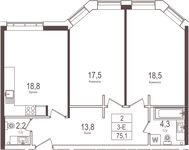 Планировка 2-комнатной квартиры, 75,3 м2