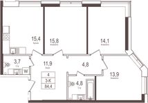 Планировка 3-комнатной квартиры, 84,2 м2