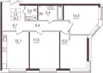 Планировка 3-комнатной квартиры, 86,9 м2