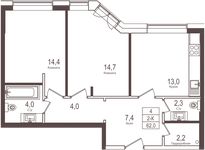 Планировка 2-комнатной квартиры, 61,9 м2