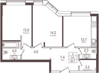 Планировка 2-комнатной квартиры, 60,6 м2